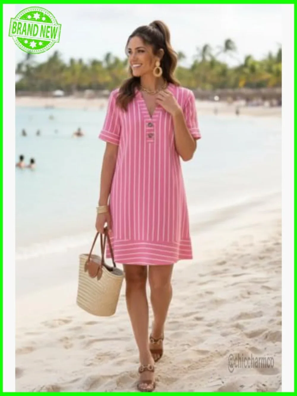 Womens Casual V Neck Short Sleeve Striped Swing Dress with Pockets - Picture 3 of 5